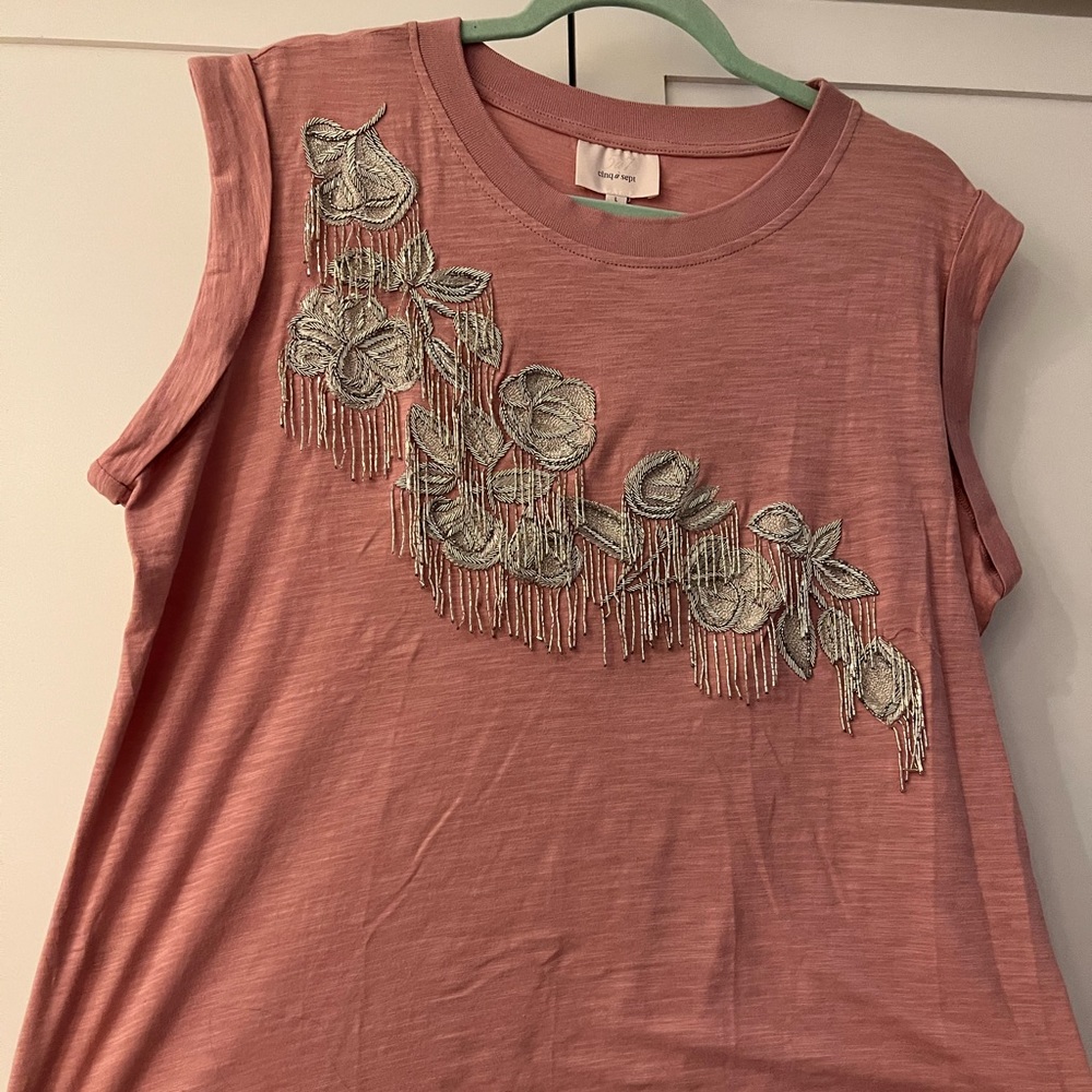NWT Cinq a Sept Mesh Floral Bella Tee Embellished Pink Sand Large